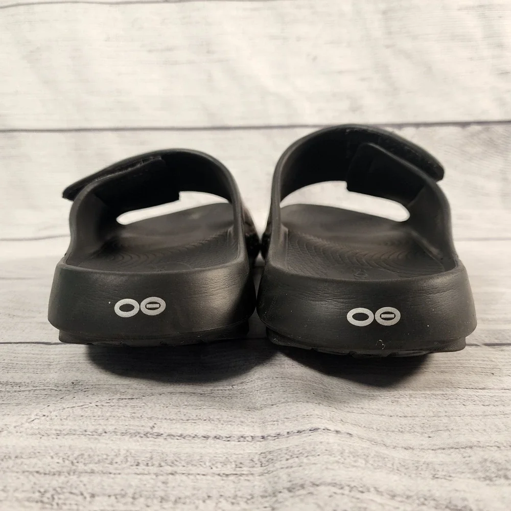 OOFOS OOahh Sport Flex Black Adjustable Strap Recovery Slide Sandals Mens 9 W 11